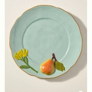 4pcs Anthropologie Faye icon stoneware Green Plate with Pear and Flower Design